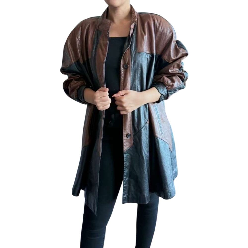 Women's Two-Tone Brown & Black Leather Jacket - Relaxed Fit